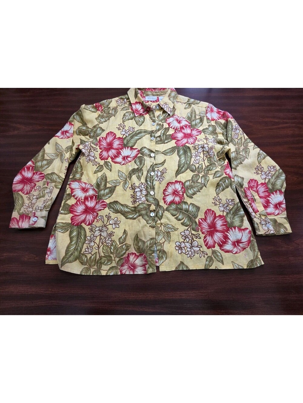 Studio Works Yellow Tropical Hibiscus Floral Print 100% Linen Button Up L Shirt